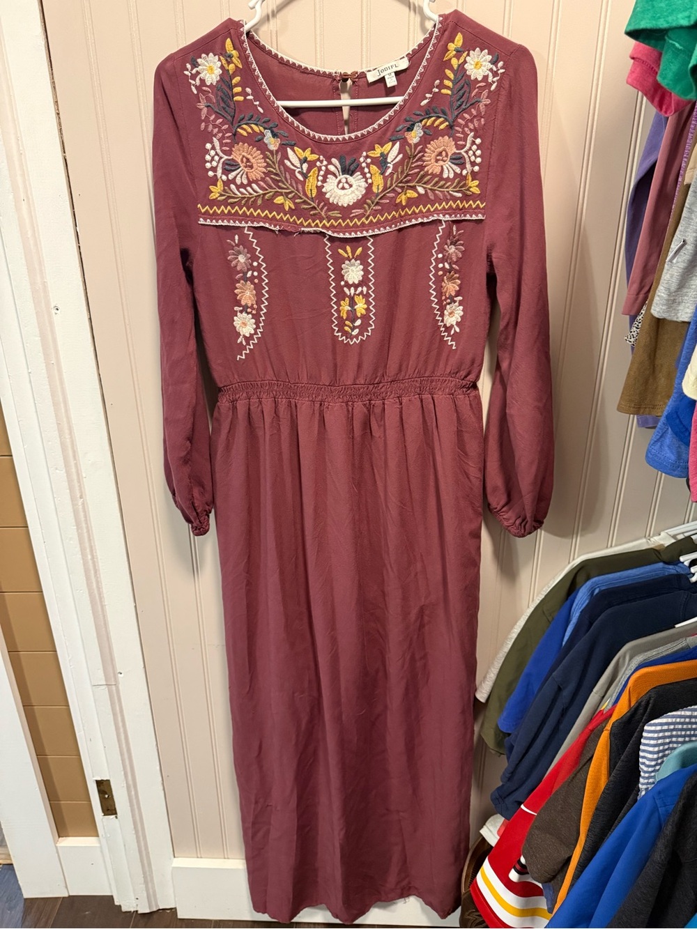 Embroidered Long Sleeve Maxi Dress - Rose